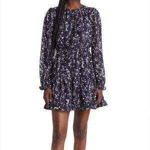 Lulu's Navy Blue Floral Chiffon Smocked Ruffle Too Cute Long Sleeve Mini Dress